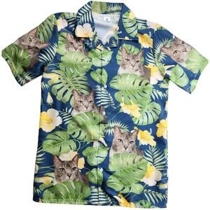 Collared Short Sleeve Shirt Fun Floral Design with Cats Small